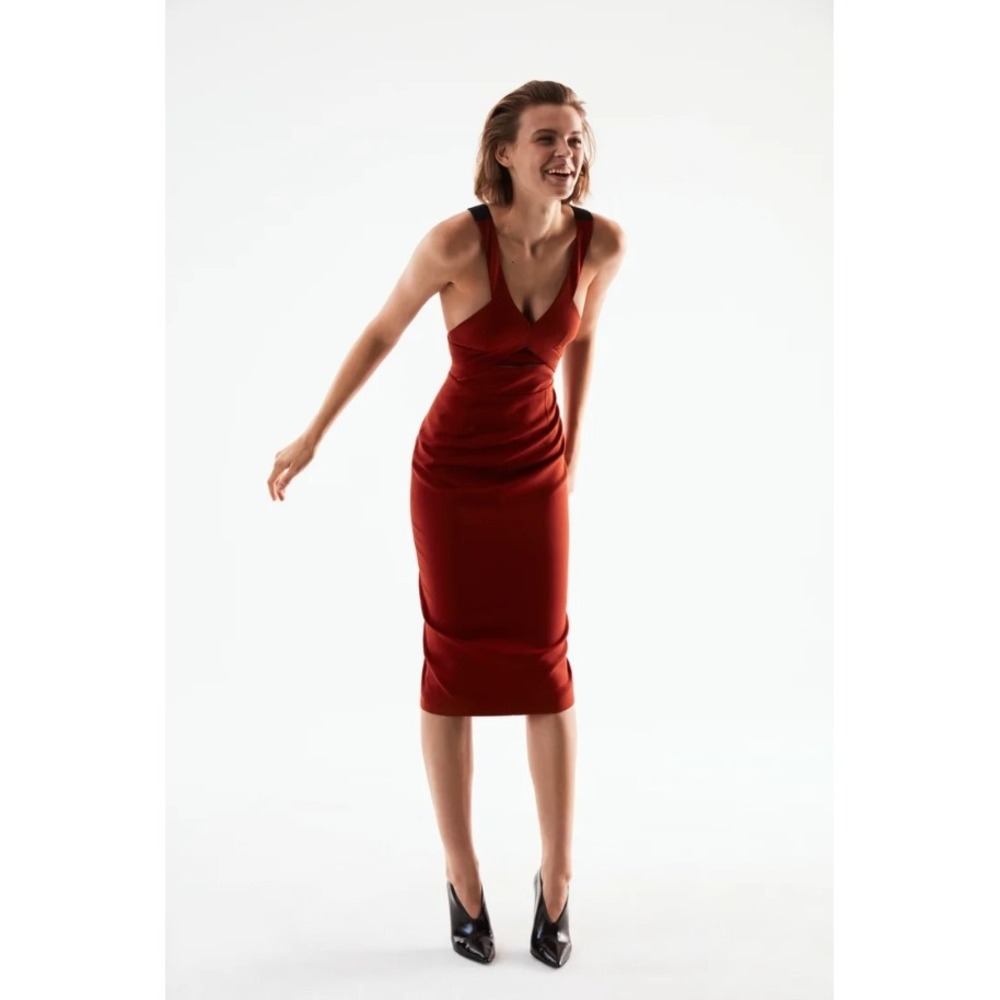 NWT Narciso Rodriguez Wool Inset Pencil Dress Pimento Red Black Silk Lined 40